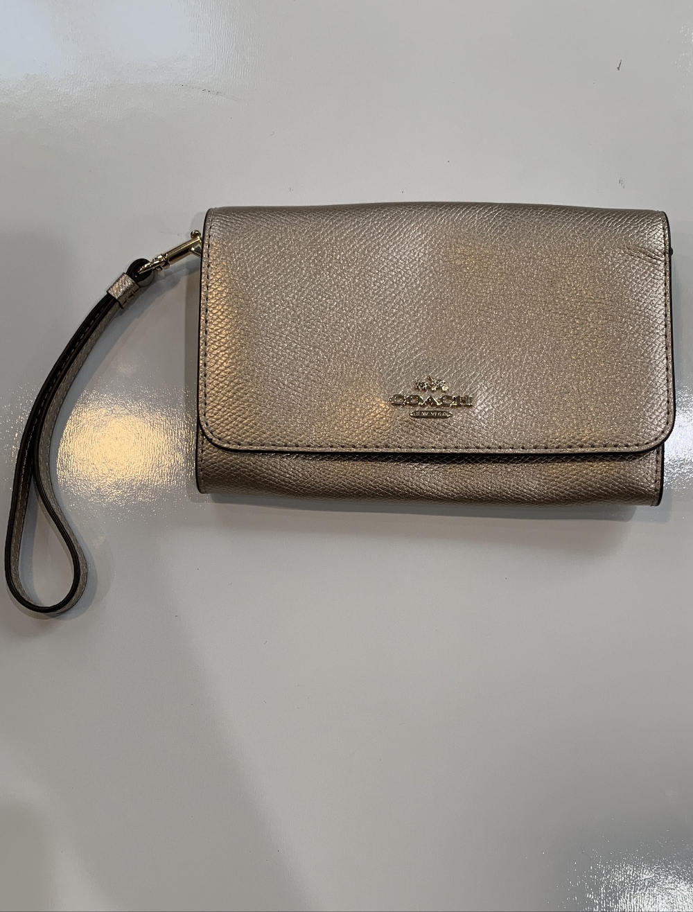 Coach Metallic Gold Leather Wristlet Clutch Zip Pouch Wallet Evening Bag